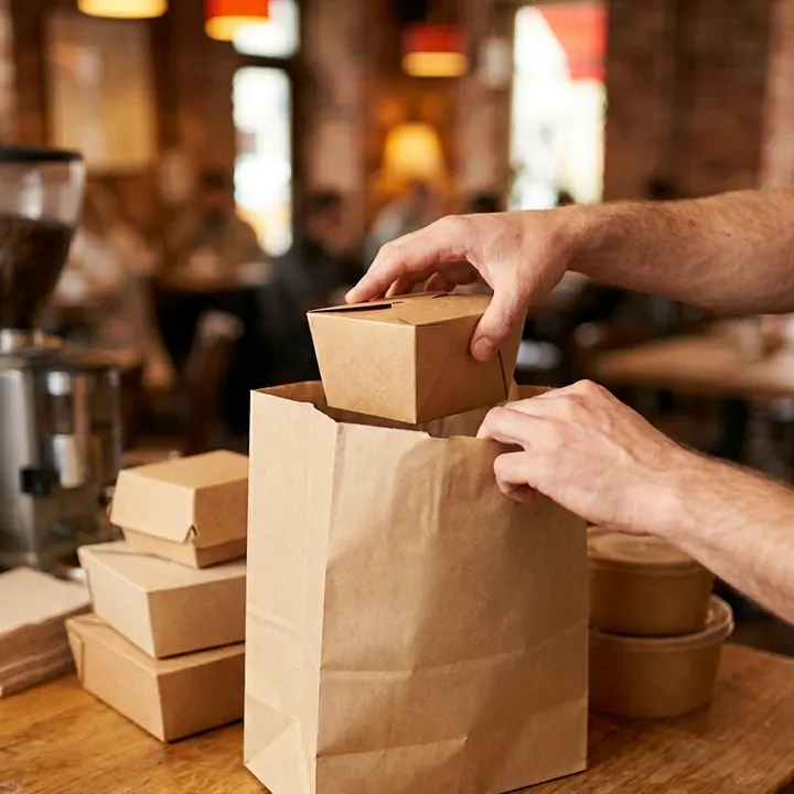 Kraft takeout boxes being packed into a paper bag on a cafe counter