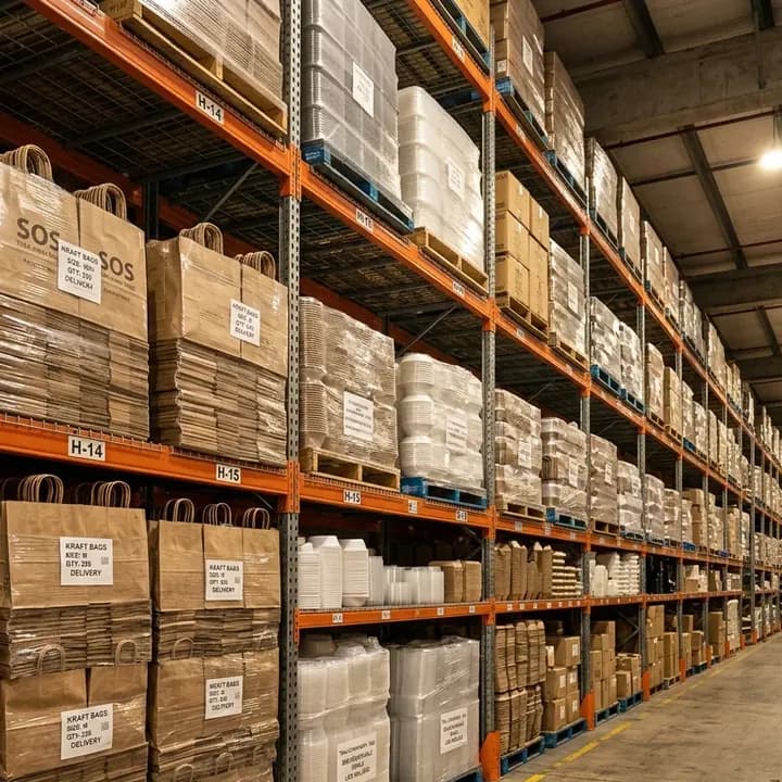 Warehouse racks stocked with kraft bags and food containers